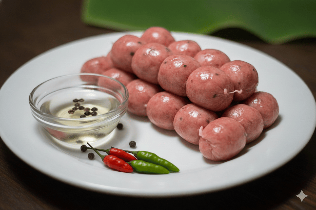 Professional food photography of Cebu chorizo sausages arranged on white plate with traditional vinegar dipping sauce garnished with black peppercorns and red and green chili peppers