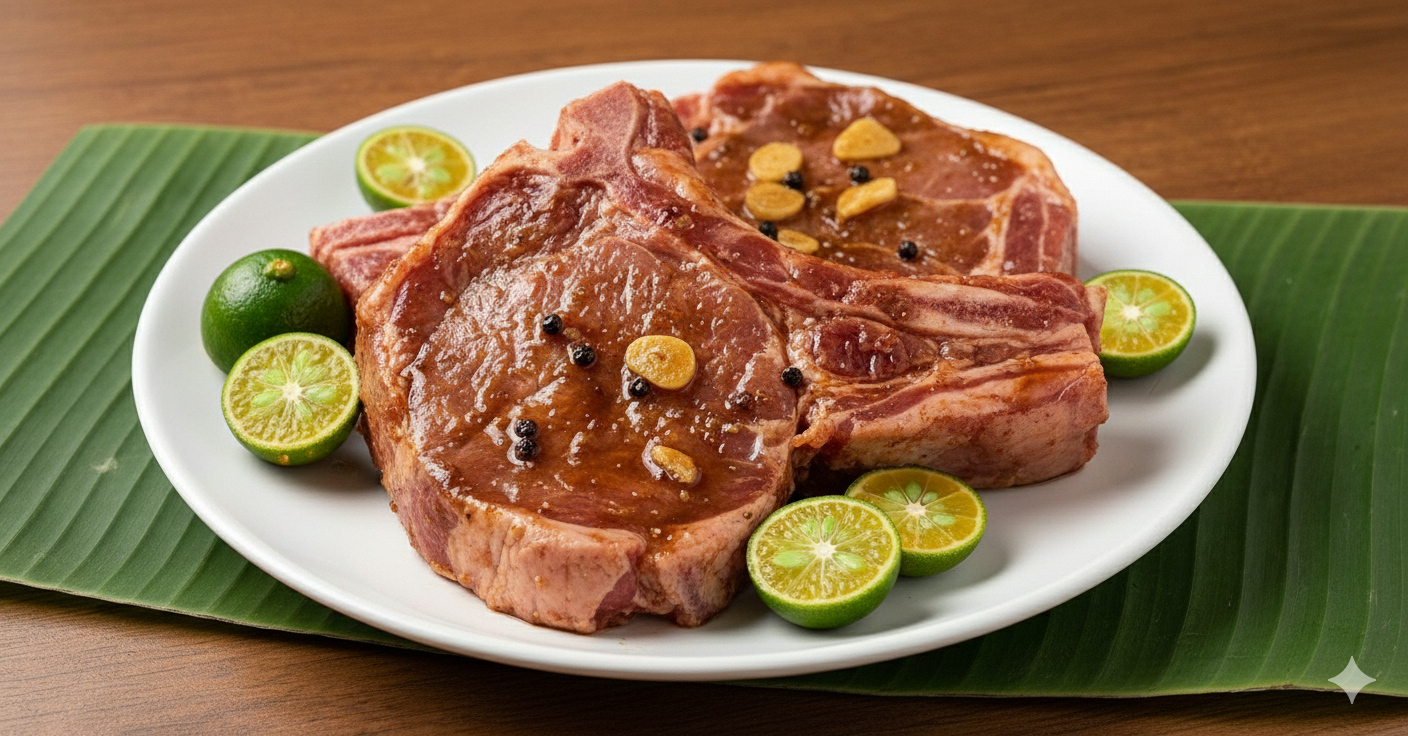 Professional plating of marinated pork chops on white plate with banana leaf background and fresh calamansi garnish