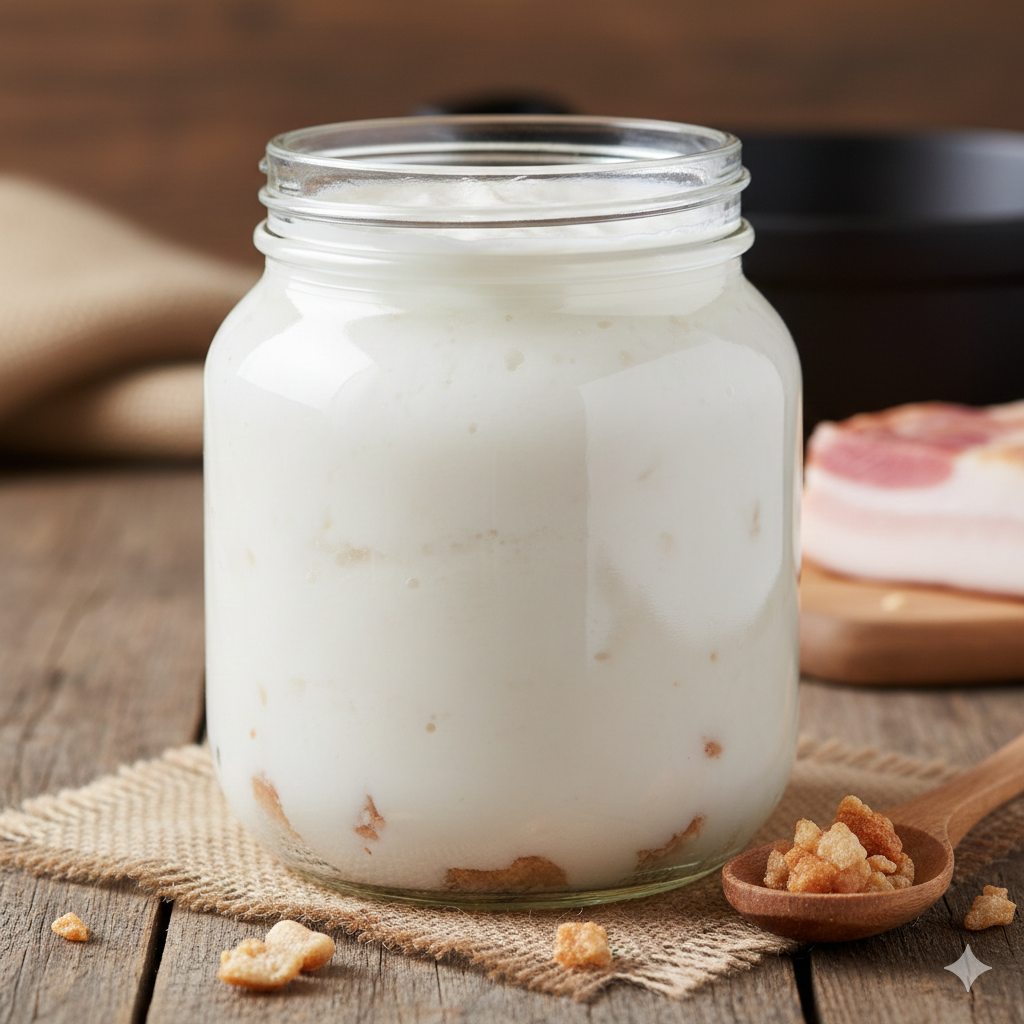 Professional product photography showing pork lard in clear glass jar on rustic wooden background with pork bacon pieces and small wooden spoon with lard scattered on surface, warm artisanal aesthetic for traditional cooking ingredients